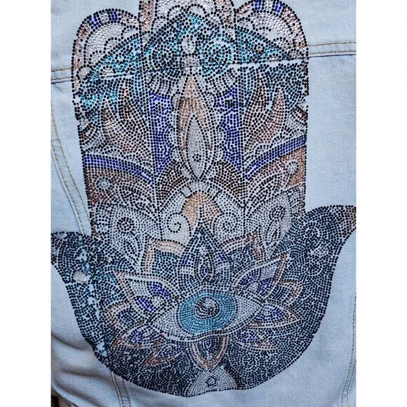 Ci Sono Jeweled Hamsa Jean Jacket Size XL Hand Of Fatima - Picture 4 of 7